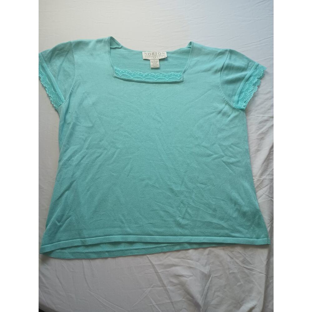 Norton McNaughton Blue Square Neck Blouse lace trim VTG Y2K Women Large Silk